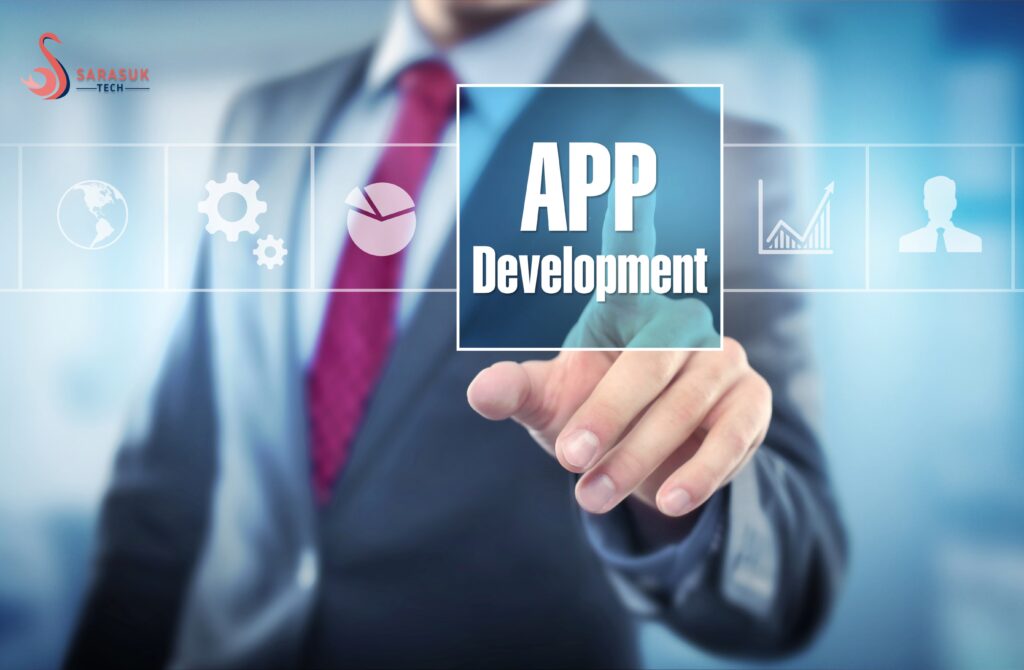 Mobile app development process showing UI design, coding, and testing on smartphone screens