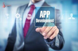 Mobile app development process showing UI design, coding, and testing on smartphone screens
