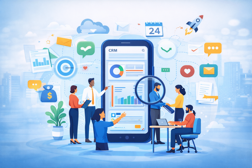 Bitrix24 CRM dashboard illustration showing business teams managing customer relationships and sales data on a digital platform.