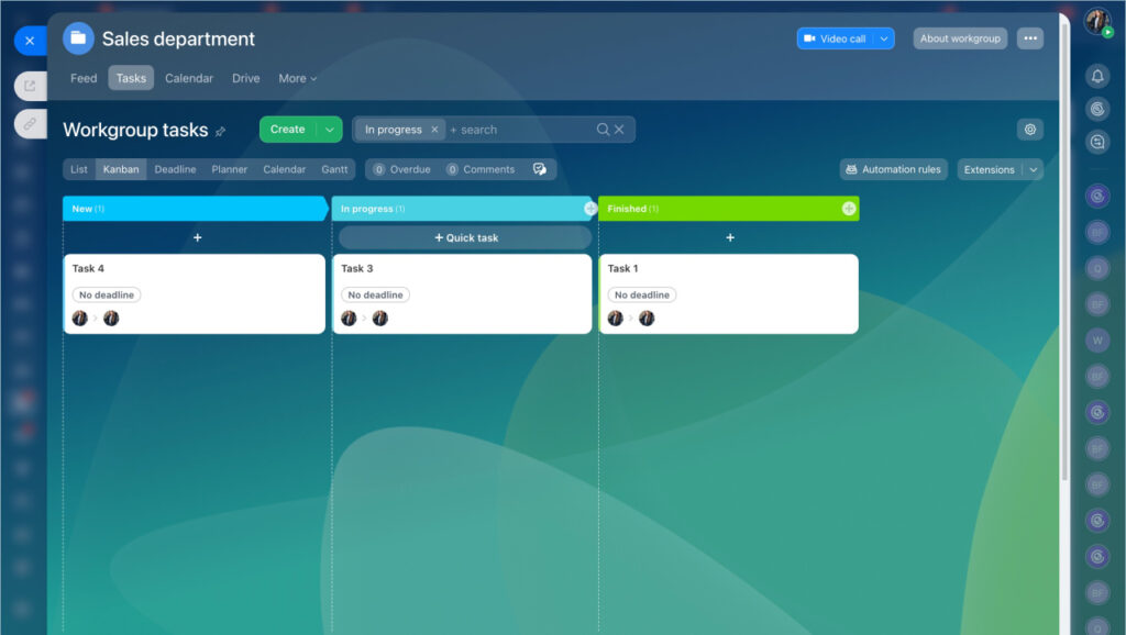 Bitrix24 Kanban board showing tasks organized in columns for project management