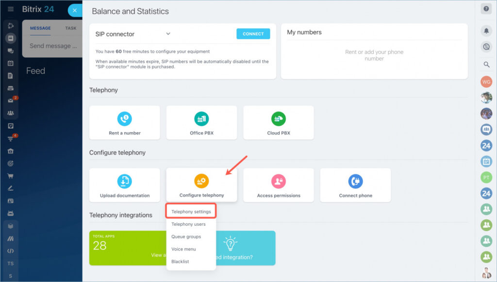 Bitrix24 administrators can configure telephony.